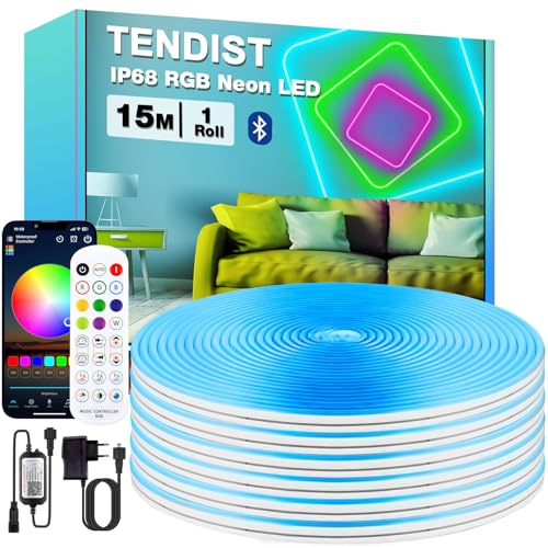 TENDIST 15M RVB Ruban LED Neon, IP68 Ruban LED Exterieur Etanche Bluetooth avec Smart App et Télécommande, 24V Flexible Néon Bande Musique Sync pour Jardin,...