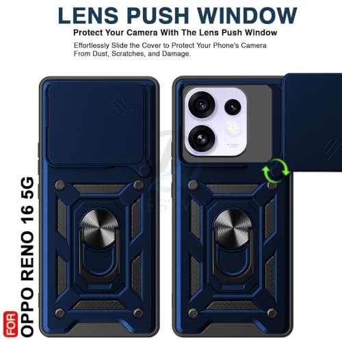 Image of AESTMO Tough Armor Oppo Reno 16 5G Bumper Back Case Cover | Ring Holder & Sliding Camera Shield Cover | 360 Degree Protection Back Case Cover for Oppo Reno 16 5G (Blue)