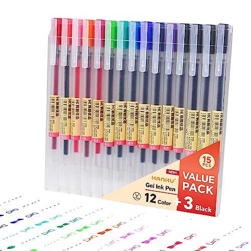 HANKU Gel Ink Pens, 0.5mm 15Pcs Colorful Pens Ballpoint Smooth Writing pens,Multicolor Roller Ball Pens for Writing,Journaling,Note Taking,Drawing, Japanese Stationery Needle Tip Bullet Journal Pens