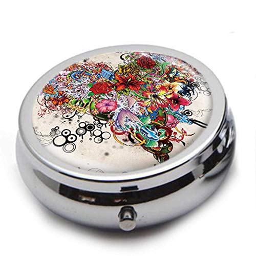 Round Stainless Steel Pill Box Case -Painting Beautiful Flower Art Pattern- Pocket 2
