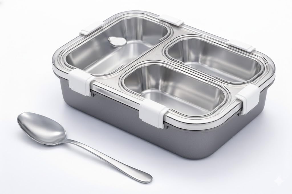 Umadiya® 3 Compartment Lunch Box Insulated Air Tight and Portable Utensils, Stainless Steel 100% Leak Proof with a Fork, a Spoon and a Pair of Chopsticks for School Kids -750Ml (Silver)