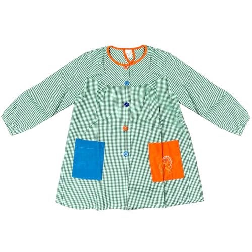 YIJIA | Bata Escolar Unisex para Niños y Niñas - Uniforme Infantil para Guardería y Colegio con Botones | Cuadrado (FR/ES, Edad, Talla única, Regular, Talla 1（2-3 año）, Verde)