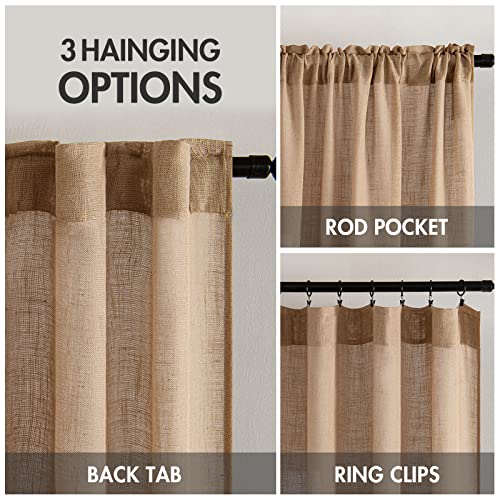 MIULEE Light Brown Short Linen Curtains 45 Inch Length 2 Panels for Kitchen Bedroom Bathroom, Soft Thick Linen Textured Basement Window Drapes Semi Sheer Light Filtering Back Tab Burlap Look Decor