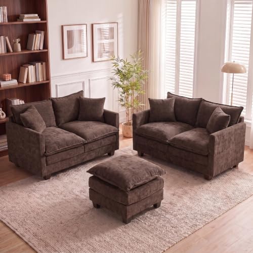Image of 50'' Loveseat Sofa Set with Ottoman, Small Couch Set 2 Piece Cloud Love Seat 27 inch Deep Seat Washable Pillows Couches for Small Spaces Apartment Living Room, Brown
