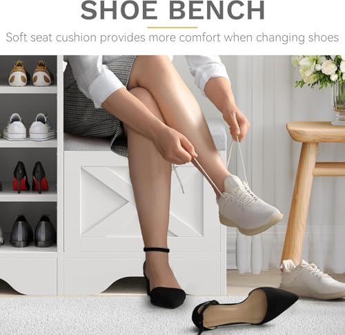DWVO Farmhouse Shoe Storage Cabinet with Bench, 5-Tier Slim Shoe Cabinet with Adjustable Shelves for 20 Pairs with Sliding Door for Entryway, Hallway, Living Room (White)