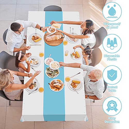 Image of OHOME 4 Pack Disposable Plastic Table Cloths for Parties,White and Light Blue Rectangle Table Covers for Birthday Baptism Decorations - Baby Shower Decorations Boy | Baby Shower Favors 54 inch x 108 inch