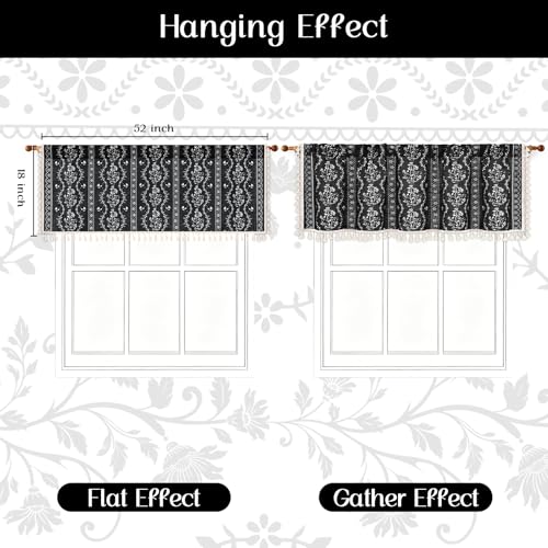 Image of Yinhua Boho Valance Curtains Vintage Linen Kitchen Valances for Windows Light Filtering Bohemian Floral Valance Rod Pocket Tassel Window Valances for Bathroom Cafe, 52 inch W X 18 inch L, Black