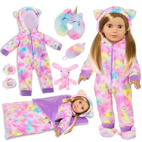 American 18' Doll Clothes and Sleep Bag Accessories,Sleepover Outfit Set Fits 18 Inch Dolls Include Rainbow Costume,Unicorn Style Pillow,Eye Mask,Shoes,Animal Toy Gifts for Girls (No Doll)