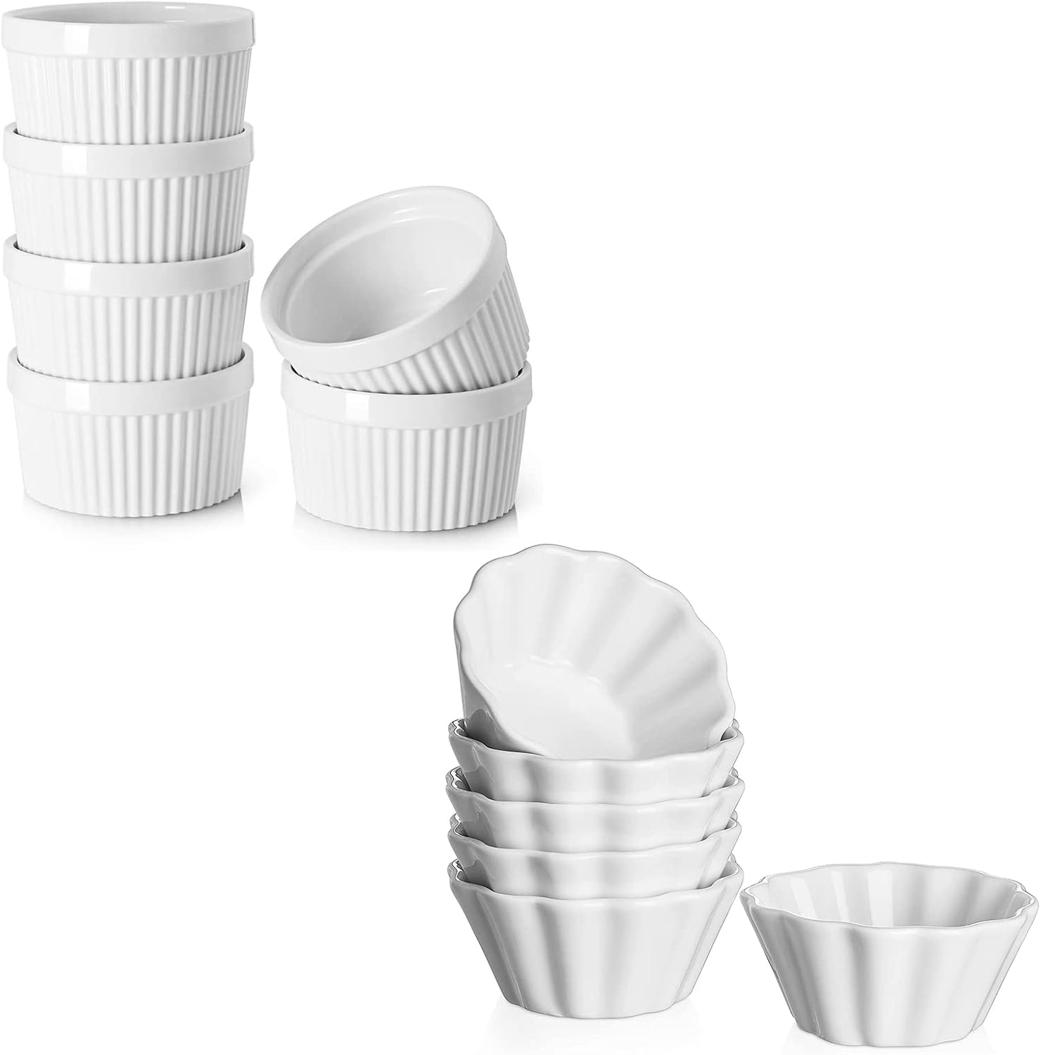 DOWAN Flower-Shaped Porcelain 4 Oz Ramekins - Oven Safe Ramekins set of 6 &DOWAN 12 oz Ramekins - Ramekins for Creme Brulee Porcelain Ramekins Oven Safe, set of 6