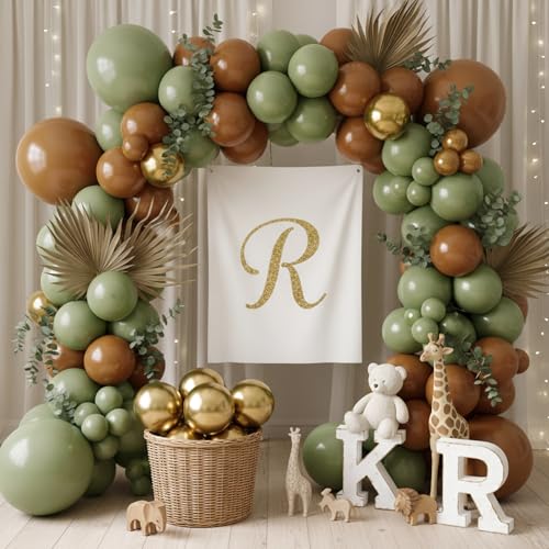 Image of RUBFAC 135pcs Sage Green Balloons, Latex Olive Dusty Green Balloon Different Sizes 18 12 10 5 Inch for Garland Arch Birthday Party Graduation Baby Shower Wedding Safari Jungle Boho Decoration