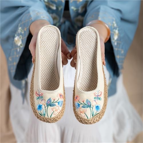 Mules en lin brodés main style chinois | Chaussons plats chics