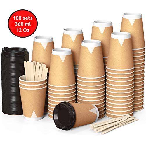 100 Kraft Plane Double Paroi Gobelets Carton pour Café à Emporter - Tasse Café 360ml avec Couvercles et Agitateurs en Bois pour Servir le Café, le Thé, des Boissons Chaudes et Froides
