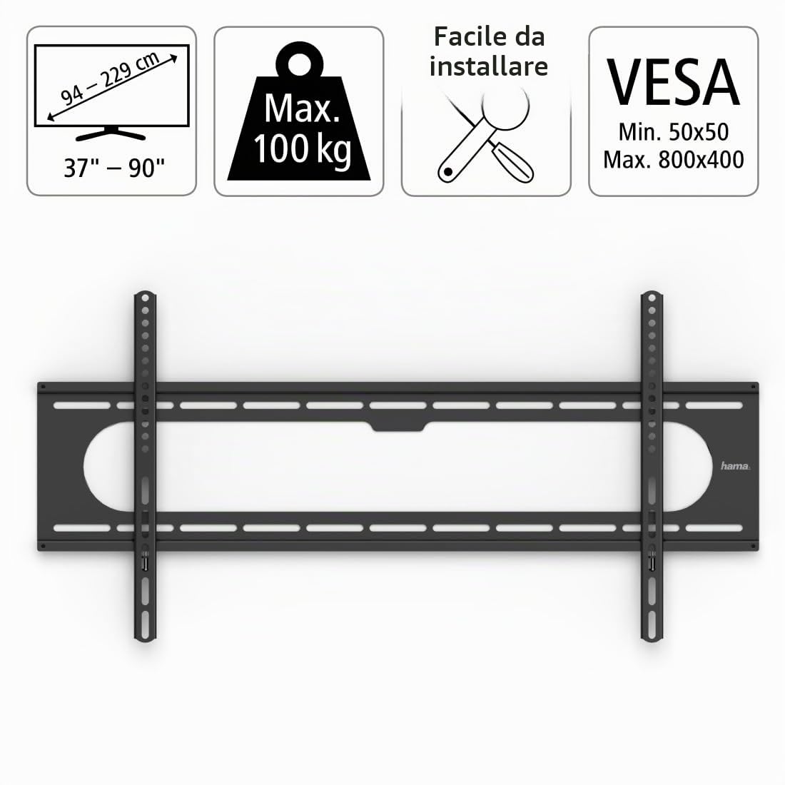 Staffa di montaggio a parete fissa per TV da 90" fino a 100 kg, distanza dalla parete 2,6 cm