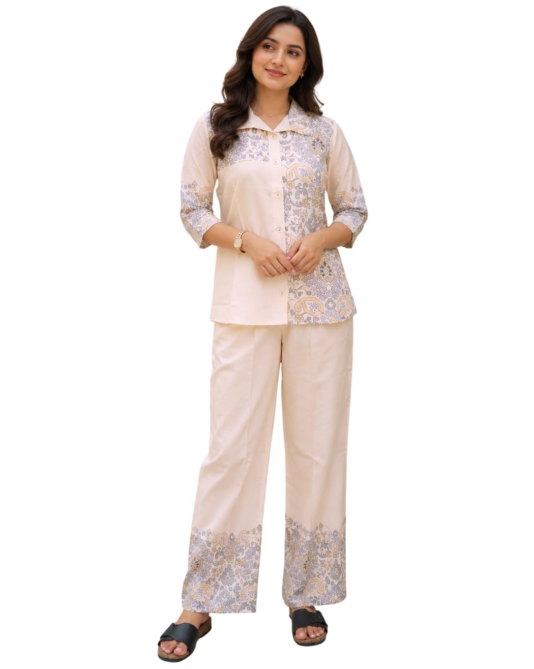 sun fashion and lifestyle Women's Cotton Blend Printed Co-Ord Set | Shirt and Pant Set for Women | Casual Summer Co-Ord Outfit | Stylish Lounge Wear | Cord Sets for Woman (KP62_Cream_2XL)-picture-27