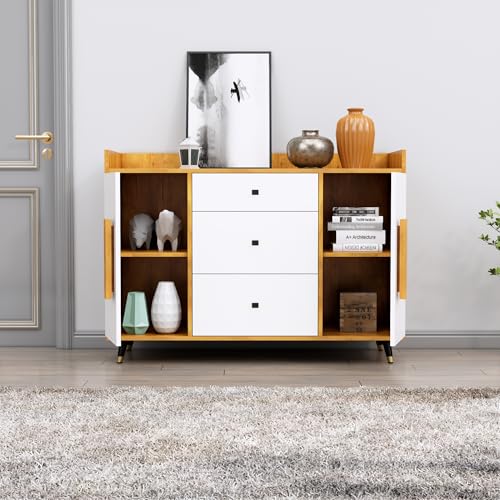 Image of Bniture Wooden Sideboard Cabinet for Living Room | Wooden Storage Cabinet with 2 Door & 3 Drawer | Engineered Wood Multipurpose Cabinet with Spacious Shelves for Home | Giant Wood & Frosty White