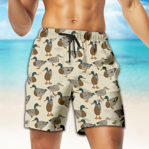 Funny Duck Mens Swim Trunks - Duck Party Hawaiian Mens Swim Short Beach Shorts TU-SH-573