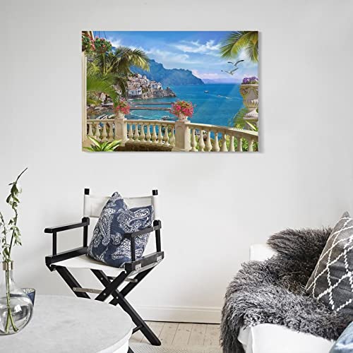 Ocean Wall Art Mediterranean Style Terrace Landscape Wall Art Floral Seagull Canvas Painting Posters And Prints Wall Art Pictures For Living Room Bedroom Decor 24X36Inch(60X90Cm) Frame-Style #TOP4