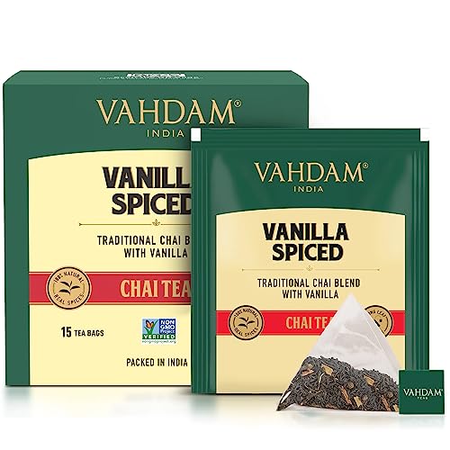 VAHDAM, Vanilla Chai Tea Bags (15 Count) High Caffeine, Non GMO, Gluten Free | Individually Wrapped, Full-bodied &amp; Malty | No Artificial Flavor | Blended w/Vanilla, Cappuccino &amp; Exotic Spices