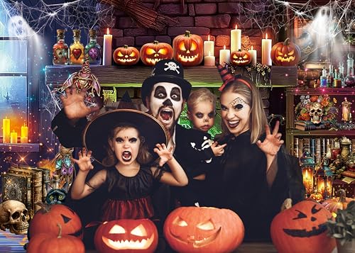 Halloween-Kaminhintergrund, 2,7 x 1,5 m, gruseliger Geist, Kürbis, magische Hexenhintergrund, Halloween-Party-Dekorationen, Zubehör, Foto-Requisiten