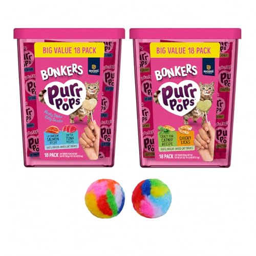 Bonkers Purrpops Freeze-Dried Cat Treats 2-18 Pack Variety Bundle with Salmon & Tuna Catnip & Chicken Flavors Plus 2 Cat Pom Pom Balls Toy