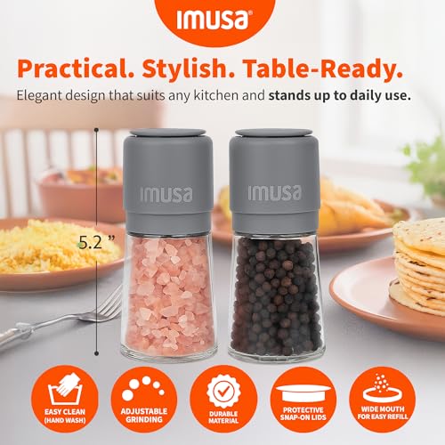 Image of IMUSA Salt and Pepper Grinder Set, 2-Pack, Manual | Adjustable ceramic core for fine-to-coarse grinding, ergonomic grip, glass base resists stains, 6oz means fewer refills