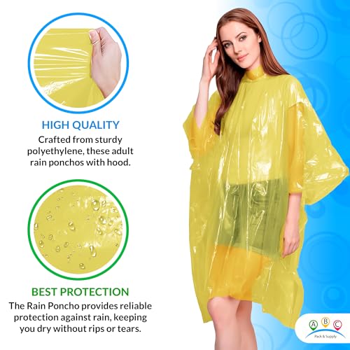 Image of ABC PACK & SUPPLY Disposable Rain Ponchos for Adults, Yellow Hooded Rain Poncho, One Size, Polyethylene 0.02mm, Individually Wrapped, Bulk Pack of 200