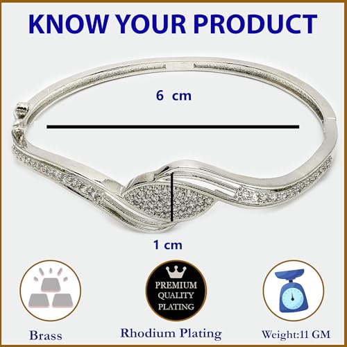 Image of ZENEME Rhodium Plated Silver Toned American Diamond Studded Grace Line Kada Bracelet For Women