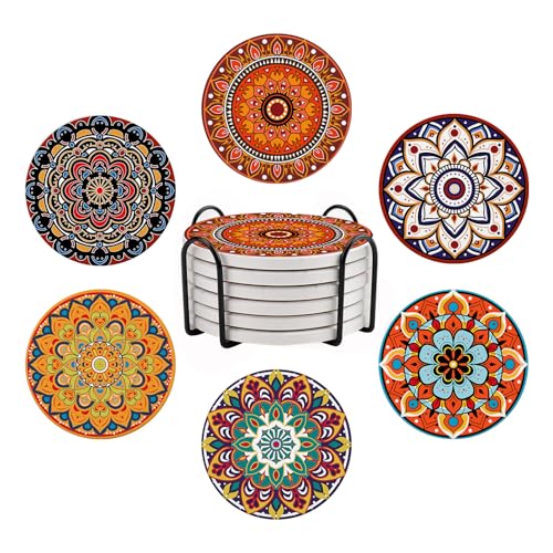Boho Mandala Keramik Untersetzer, 6er Set Getränkeuntersetzer mit Metallhalter, saugfähige runde rutschfeste Getränkebecher Cup Coaster Housewarming Room Bar Mode Dekoration Geschenk