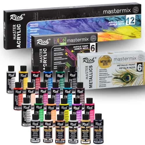 Rich Mastermix - Juego completo de pinturas acrílicas, 36 colores x 60 ml, 12 colores estándar, 6 colores neón y 6 colores metálicos de 60 ml cada uno, colores altamente pigmentados para proyectos