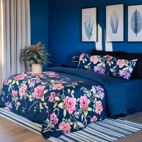 Image of Digitally Printed with Reactive Ink Tech | 300 TC 100% Organic Cotton Queen Premium Bedsheet Set | Ultra-Soft Satin-Like Finish | Floral Ocean Dusk