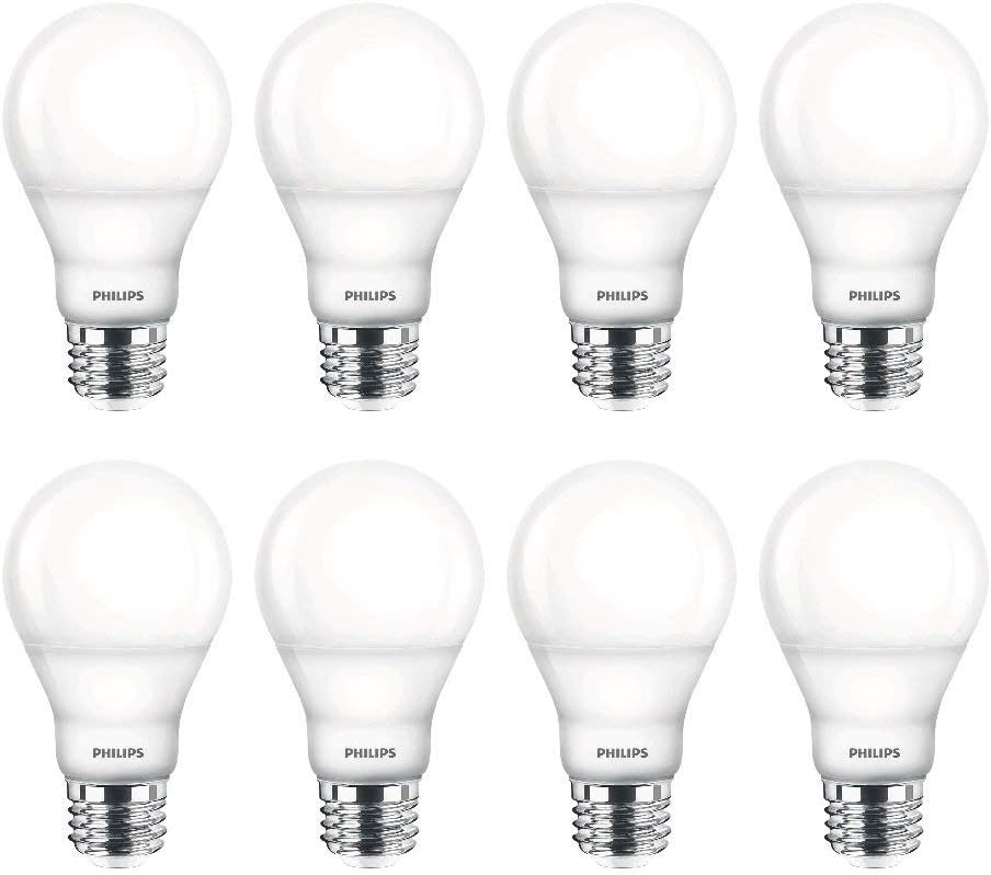 Philips LED 538322 LED Dimmable A19 Soft White Light Bulb with Warm Glow Effect: 800-Lumen, 2700-2200-Kelvin, 9.5-Watt, E26 Base, Frosted, 8-Pack