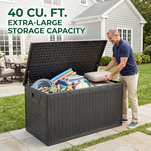 Image of 300 Gallon Outdoor Storage Deck Box, Extra Large Waterproof Resin Storage Box for Patio Cushions, Garden Tools, Pool Supplies, Outdoor Furniture Accessories, Black