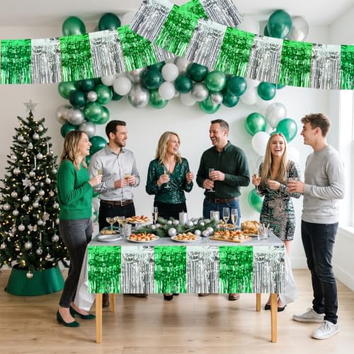 Image of BEISHIDA 3 Pack Green Silver Foil Fringe Garland 30ft Wall Tinsel Banner