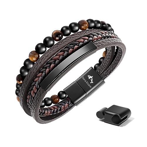 Leather Bracelet for Men, Adjustable Mens Leather Bracelet with Stainless Steel Magnetic Clasp Braided Mens Bracelets