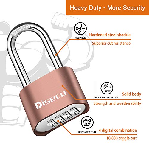 Image of 1 Pack disecu Heavy Duty 4 Digit Combination Lock, 2.5 Inch Long Shackle Outdoor Waterproof Padlock for School Gym Locker, Storage Unit, Fence, Gate, Toolbox (Brass)