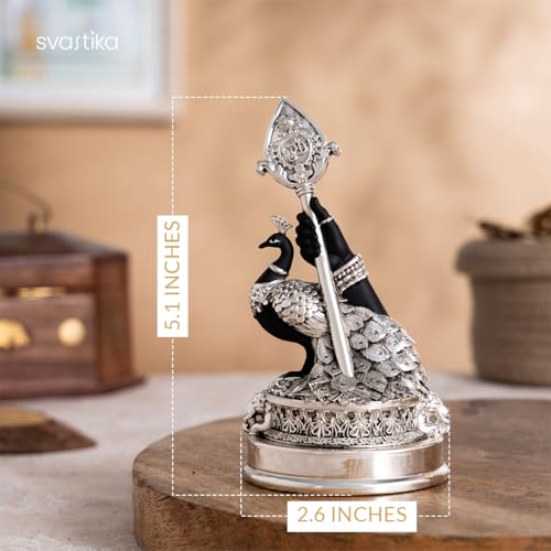 Image of Svastika Vel Mayil Murugan Idol (999 Silver Plated) | Lord Murugan Statue with Peacock | Spiritual Idol for Home Temple, Pooja Room, Car Dashboard & Gift | Decor Murti (5 Inch)