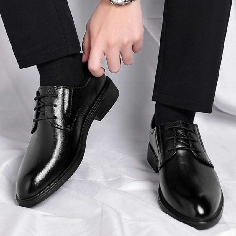 Men's Genuine Leather Oxford Shoes Waterproof Non-Slip Business Derby Shoes Men Block Mid-Heel Leather Shoes(6.5)2