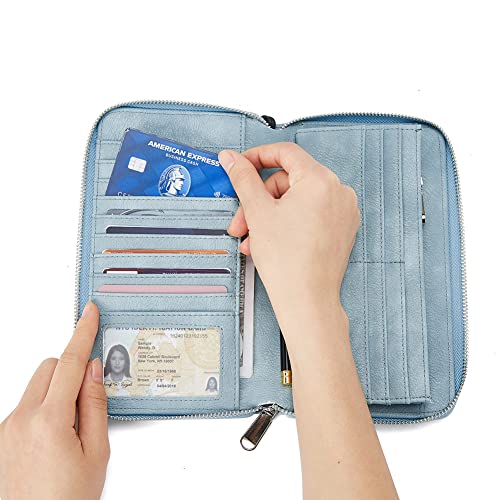 Bostanten Leather Wallets For Women Rfid Blocking Zip Around Credit Card Holder Phone Clutch Blue #TOP1