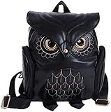 HYY Black Woman PU Leather Owl Cartoon Backpack Fashion Casual Satchel Purse