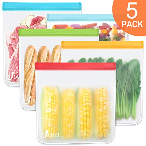 Reusable Gallon Storage Bags 5-Pack, LEAKPROOF Freezer Bags, EXTRA THICK Gallon Ziplock Bags