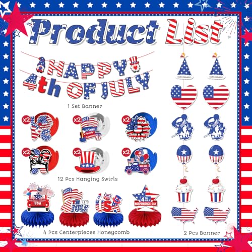 Image of 4th of July Patriotic Decorations Red White Blue Happy 4th of July Banner Independence Day Hanging Swirls Fourth of July Honeycomb Centerpieces for American Memorial Day Decor