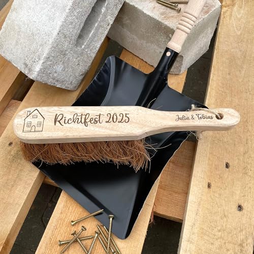NovusPets LaBiGra Handfeger und Kehrschaufel personalisiert - Richtfest Geschenk - Mit Haus Wunschtext Namen & Datum graviert- Hauseinweihung Einweihnungsparty