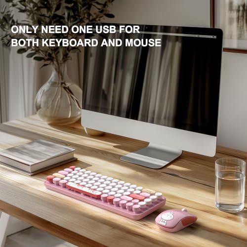 Image of FOPETT Wireless Keyboard and Mouse Cute Mouse and Keyboard 2.4G Wireless Keyboards with Colorful 68 Keys Typewriter Retro Round Keycap for PC, Laptop,Tablet,Computer Windows - Pink Colorful