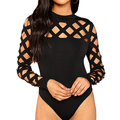 Aniywn Womens Hollow Out Long Sleeve Stretchy Bodysuit One Pieces Clubwear Leotard Thong Jumpsuit Overalls Black