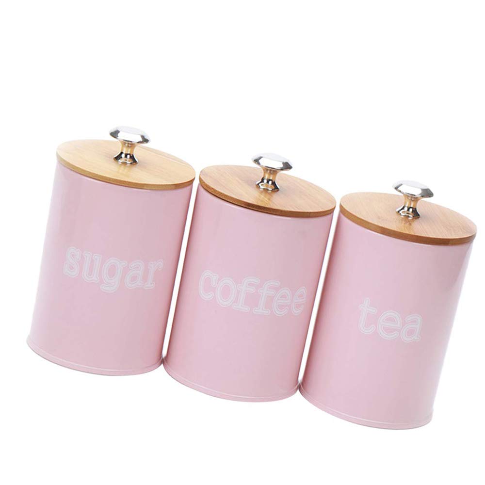 Tenlacum Metal Sugar Coffee Tea Tin Jar Container Candy Sealed Cans Storage Box, Pink Color (3 pieces)
