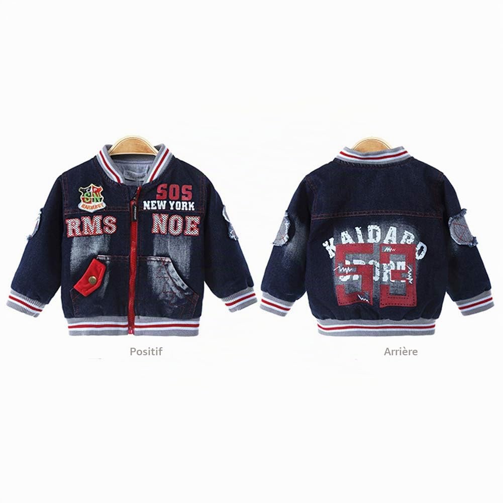 Printemps Automne Ensemble de vêtements pour Petits garçons 3pcs T-Shirt à Manches Longues Veste en Jean et Jean (1-2 Ans, Bleu)