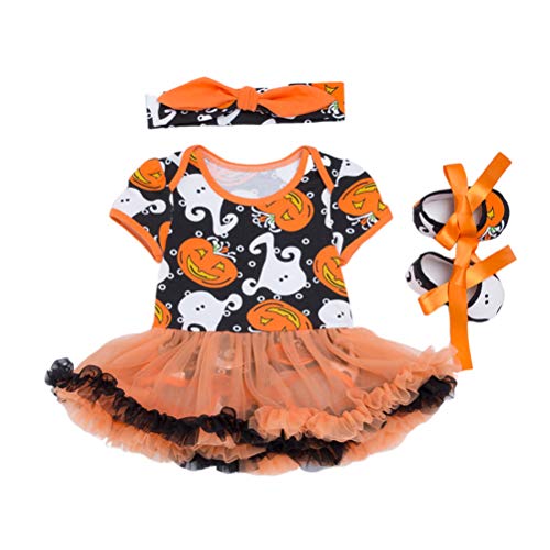 Conjunto de 3 peças em 1 KesYOO de Halloween com estampa de abóbora, vestido de manga curta e sapato