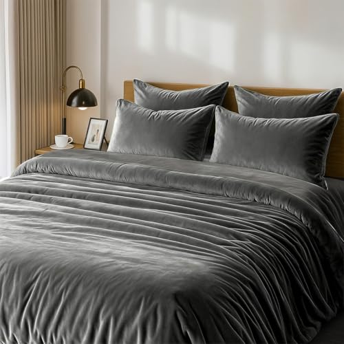 Sedefen Flanelle Housse de Couette 220x240cm + 2 Taies d'oreiller 65x65cm Gris foncé Anthracite Parure de lit 2 Personnes Peluche Hiver Chaude Duveteuse Ado Linge de...