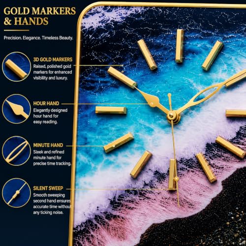 Image of Ocean Wave Wall Clock 18x12 Inch | Silent MDF Coastal Decor | Luxury Vastu Wall Clock with Golden Metal Markers | for Living Room, Bedroom & Office