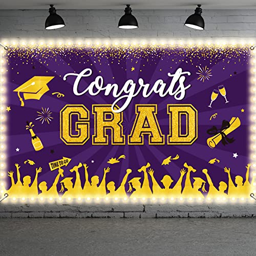 Image of Purple Graduation Banner with Led-Light Strips 71 inch x 43 inch Class of 2024 Congrats Grad Backdrop Graduation Party Decorations for 2024 Prom Graduation Party Decor Supplies